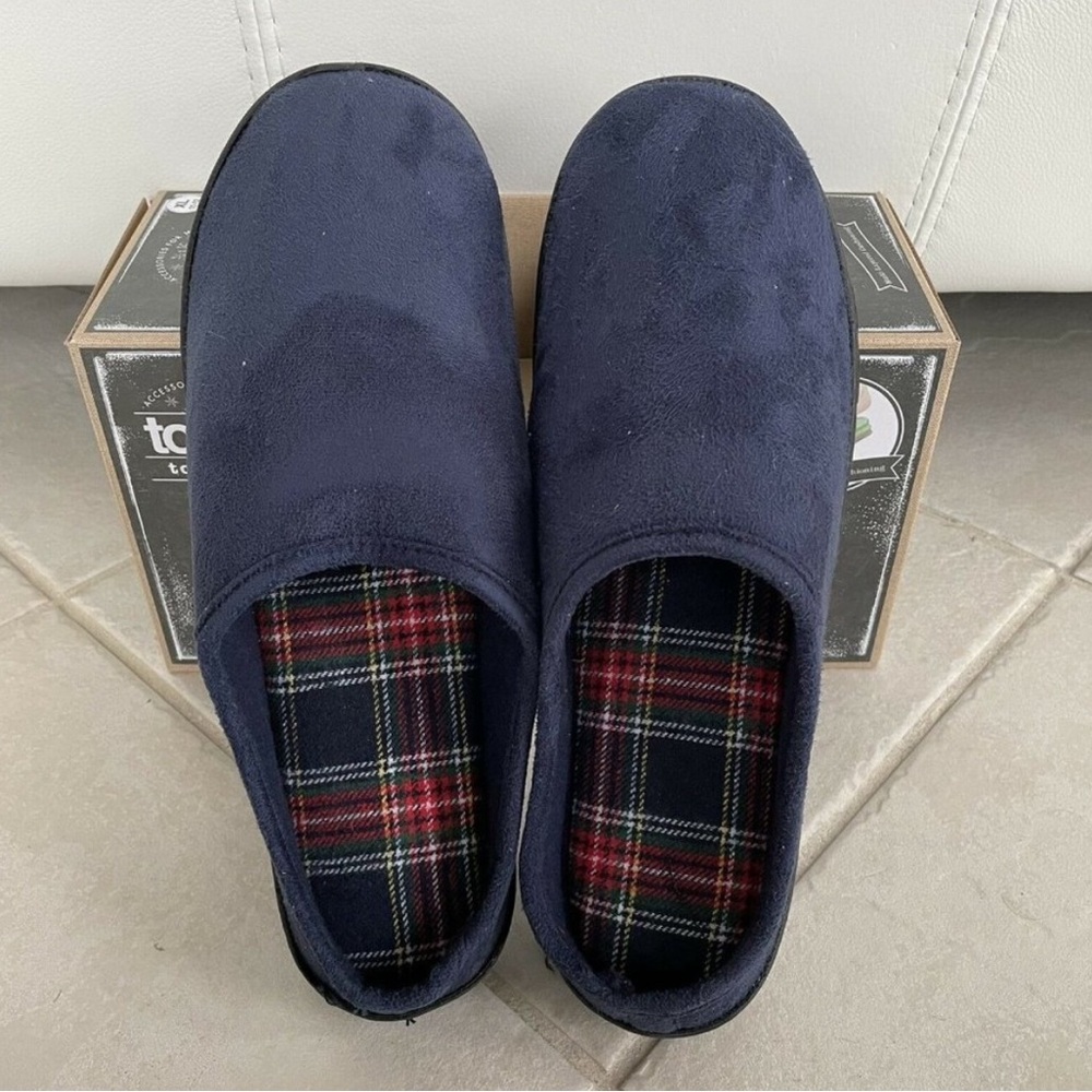 NEW Totes Toasties blue MEMORY FOAM SLIPPERS plaid lining mens size XL (11-12)